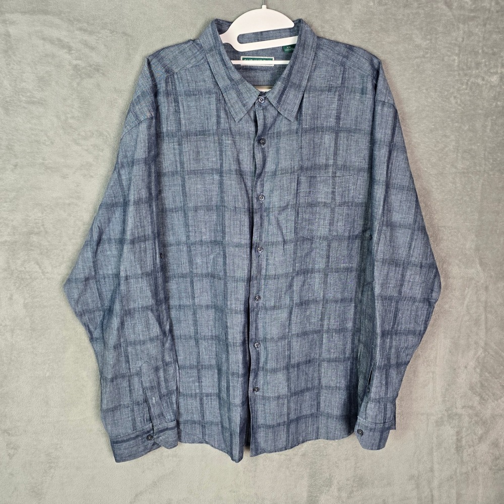 Cubavera Mens XXL Blue Plaid Linen Blend Long Sleeve Button Down Shirt Pocket